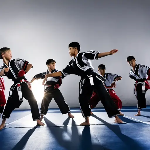 An image capturing the empowering atmosphere of a Taekwondo class, with a group of confident adolescents performing precise kicks and strikes, radiating determination and self-assurance