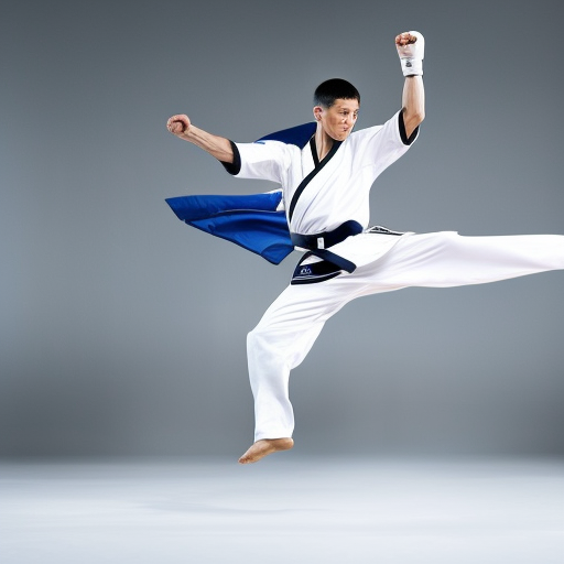 An image capturing the precise moment of a taekwondo practitioner executing a powerful roundhouse kick, their body rotating with precision, showing the extension of their leg, the tension in their muscles, and the focused determination in their eyes
