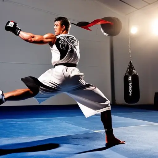 An image that captures the intensity of a Taekwondo session, depicting a determined athlete executing a high kick with precision, showcasing their muscular legs and focused expression amidst a backdrop of sweat-drenched training equipment