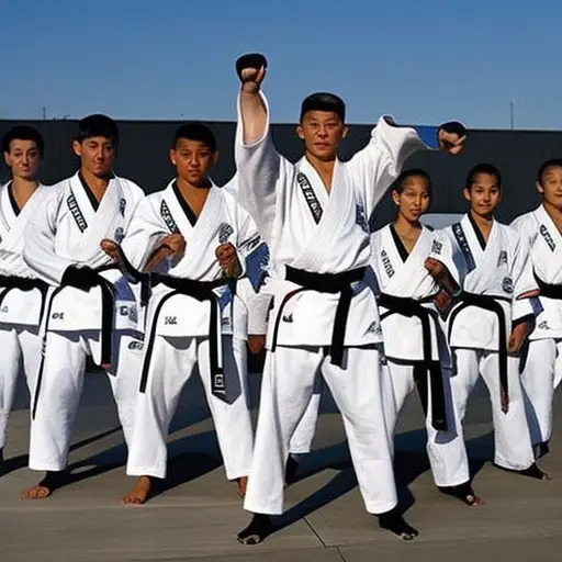 An image capturing the essence of Taekwondo success stories: a diverse array of individuals, spanning generations, showcasing their martial arts prowess through dynamic kicks, disciplined stances, and triumphant expressions of achievement