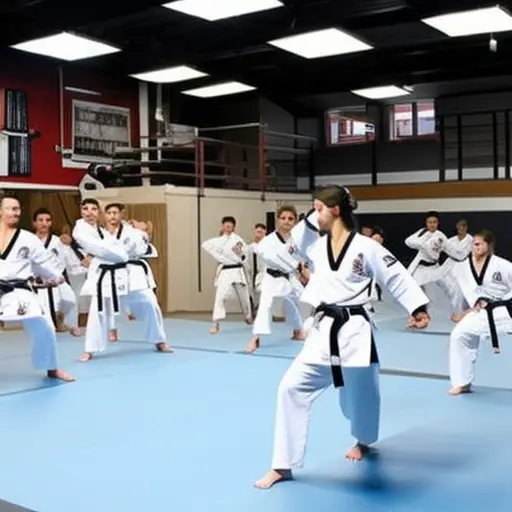 An image of a serene martial arts studio, filled with dedicated students in crisp white uniforms, performing precise taekwondo kicks and punches under the guidance of a skilled instructor