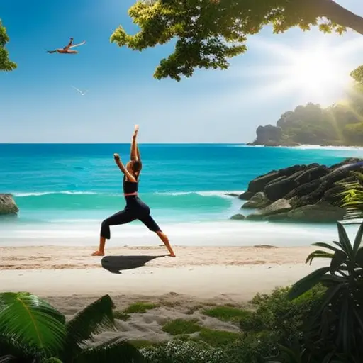 An image showcasing a Taekwondo practitioner confidently executing a high kick on a picturesque beach, while in the background, a yoga instructor guides a group through a serene session amidst lush greenery