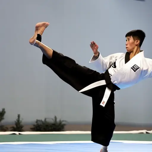An image that showcases the intricate art of Taekwondo, capturing a close-up of a black belt executing a perfectly executed roundhouse kick, while showcasing the subtle nuances of foot positioning and body alignment