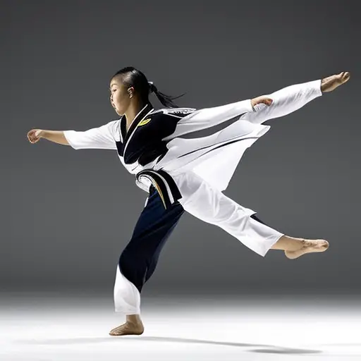 An image capturing the rhythmic flow of a Taekwondo practitioner's footwork: swift pivots and precise kicks, emphasizing the dancer-like grace and lightning-fast agility of their movements