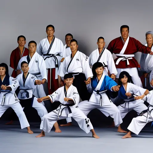 Nt image capturing a diverse group of individuals, spanning different generations, confidently executing precise Taekwondo techniques with grace and determination, emanating an aura of accomplishment and unity