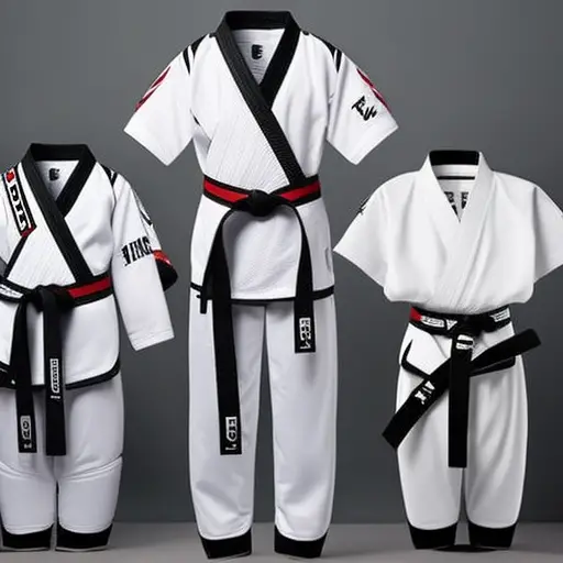 An image showcasing a neatly arranged set of Taekwondo essentials for beginners, including a crisp white uniform, protective headgear, gloves, shin guards, and a pair of sleek black belt-ready shoes