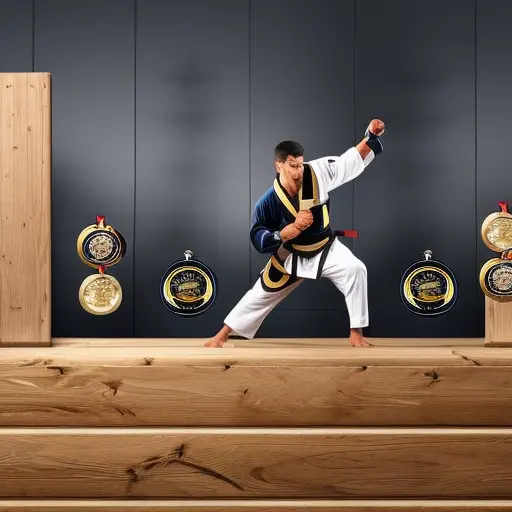 An image featuring a determined taekwondo practitioner, breaking a wooden board with a powerful kick, surrounded by a dojo filled with medals, trophies, and belts of various colors, symbolizing progression and success in achieving taekwondo goals