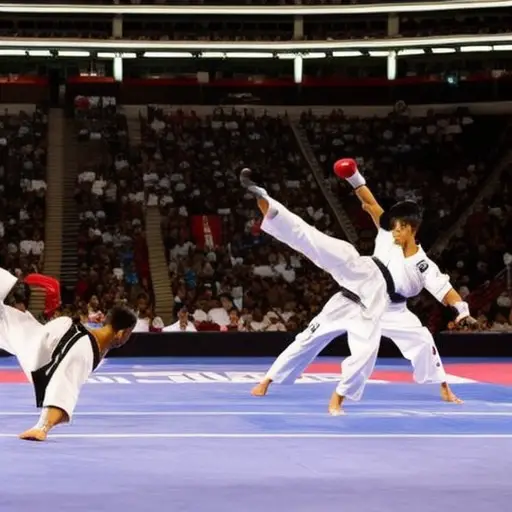 An image that captures the essence of Taekwondo's global influence; showcasing diverse practitioners engaging in dynamic kicks, clad in traditional doboks, against a backdrop of iconic landmarks symbolizing worldwide reach