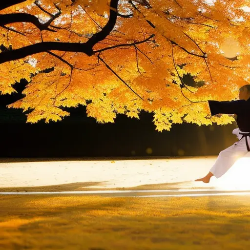 An image capturing a serene dojo at dawn, with a focused taekwondo practitioner in crisp white uniform, executing a perfectly balanced flying kick amid a flurry of autumn leaves