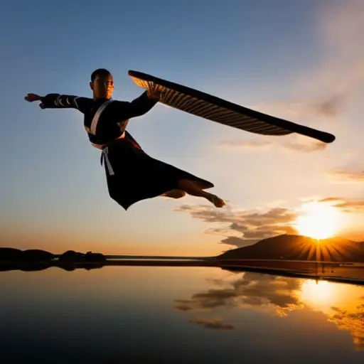 An image showcasing a taekwondo practitioner executing a perfect split mid-air, their limbs extended gracefully like a swan's wings, while the vibrant sunset casts a warm glow on their serene face