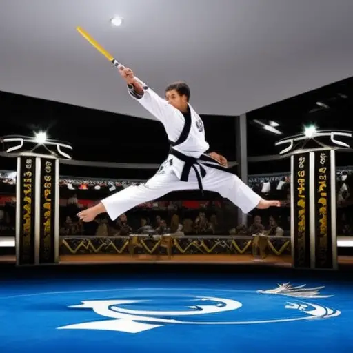 An image showcasing a taekwondo practitioner executing a high, powerful roundhouse kick while surrounded by diverse martial arts symbols, highlighting the distinctive emphasis on dynamic, acrobatic kicks in taekwondo