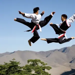 An image capturing the moment two Taekwondo practitioners, clad in traditional uniforms, execute a synchronized jump kick, showcasing their strength, precision, and unity, as their focused gazes meet in mid-air