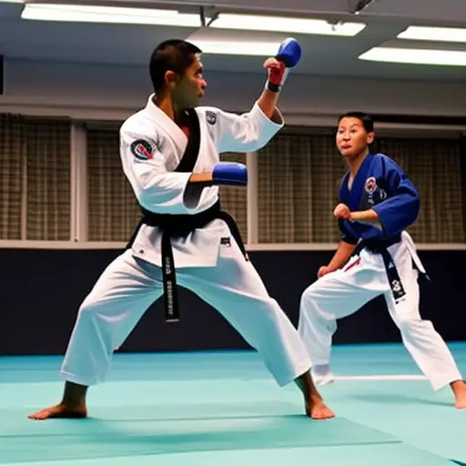 An image showcasing a skilled Taekwondo instructor leading a class of enthusiastic students in precise kicks and punches, demonstrating proper technique and inspiring discipline