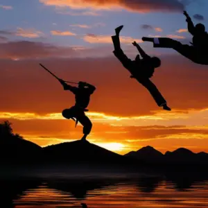 An image showcasing the iconic taekwondo masters: silhouettes of legendary figures performing high-flying kicks against a vibrant sunset backdrop, their fluid motions capturing the essence of their enduring legacies
