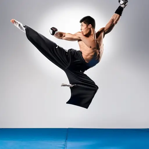 An image that showcases a taekwondo athlete mid-air, executing a powerful jump kick while surrounded by a series of dynamic, explosive plyometric exercises, emphasizing strength, speed, and agility