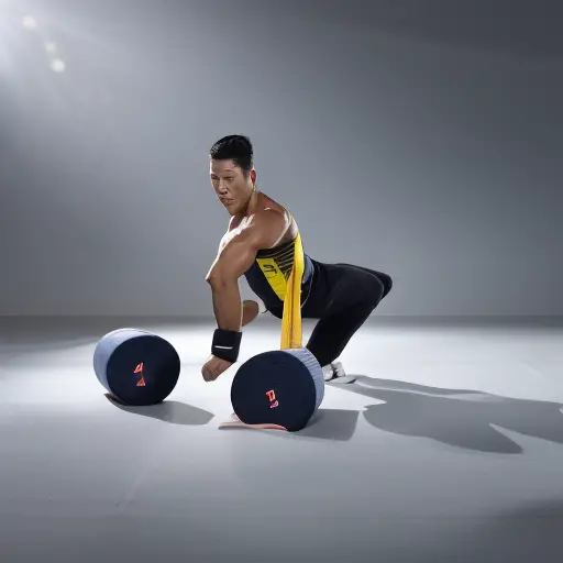 An image showcasing a Taekwondo practitioner performing dynamic warm-up exercises, surrounded by foam rollers, resistance bands, and ice packs, illustrating the essential elements of injury prevention and recovery in Taekwondo