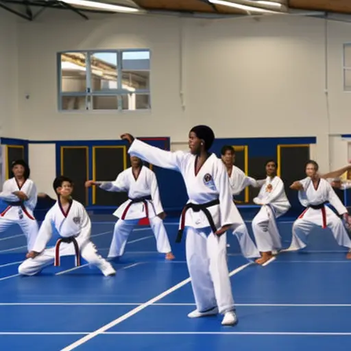An image showcasing a group of diverse students in a school gymnasium, confidently performing various Taekwondo techniques with focused expressions, as their proud instructor guides them through the integration of Taekwondo in PE programs
