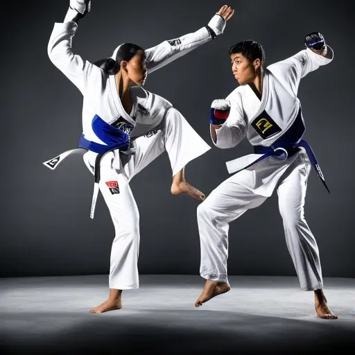 An image that captures the intensity of Taekwondo sparring: Two athletes in full protective gear, mid-air, executing a flying side kick and a roundhouse kick, their focused expressions reflecting determination and precision