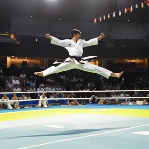 An image capturing the dynamic essence of Taekwondo's jumping and spinning kicks