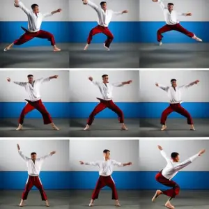 An image capturing the dynamic motion of a martial artist executing a flawless 540 kick with precision, showcasing each step of the technique, from the initial jump and spin to the impactful kick and graceful landing