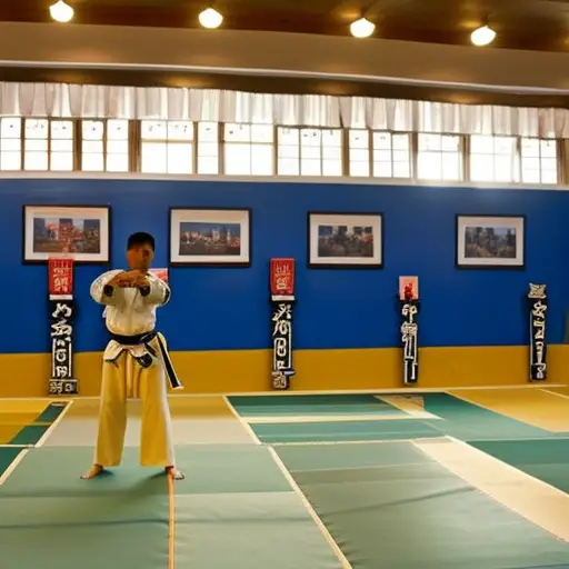 the essence of Taekwondo tradition and mastery: a solemn yet vibrant dojo bathed in warm golden light, adorned with ancient weapons, trophies, and photographs of legendary Taekwondo masters lining the walls