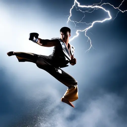 An image showcasing a Taekwondo athlete executing a lightning-fast roundhouse kick, with sheer power and precision