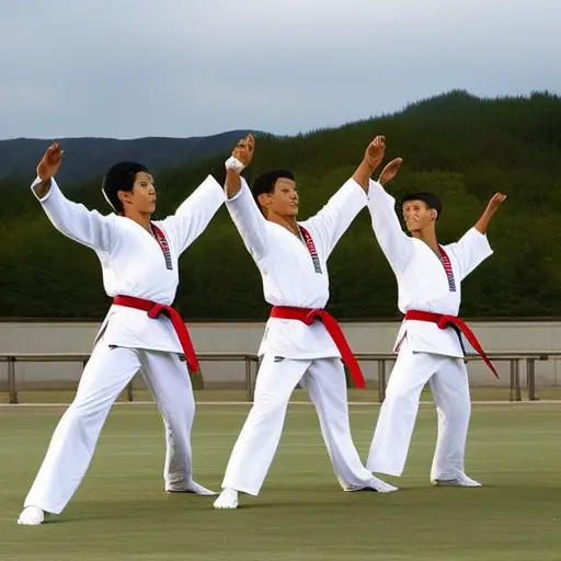 Nt image showcases a family of four, all dressed in crisp white Taekwondo uniforms, executing synchronized high kicks in perfect harmony