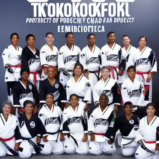 An image showcasing the unity and strength of Taekwondo charities and outreach programs: A diverse group of practitioners in their doboks, confidently kicking and breaking boards, symbolizing empowerment and positive impact