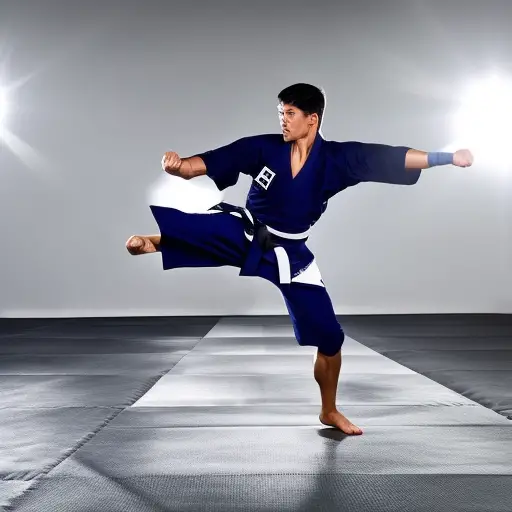 An image showcasing a skilled Taekwondo practitioner executing a perfectly timed and powerful roundhouse kick, effortlessly blocking an incoming attack with their forearm while maintaining a strong, focused stance