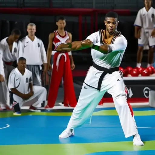An image showcasing a professional athlete wearing their sport-specific gear, such as a basketball player in full attire, engaging in a Taekwondo training session with a certified instructor