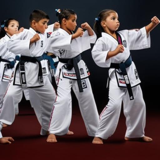 An image showcasing a group of children in Taekwondo uniforms, each confidently executing precise kicks, their focused expressions radiating determination and discipline, while a supportive instructor watches over them