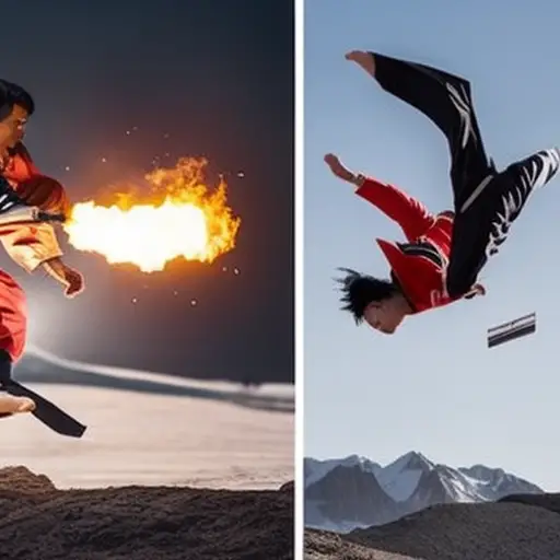 An image showcasing a split-screen comparison: on one side, a real-life Taekwondo expert executing a precise high kick; on the other side, a fictional movie character performing an exaggerated, physics-defying kick
