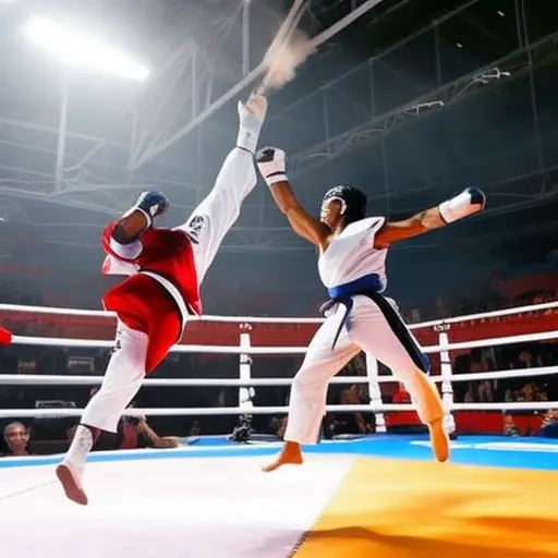 An image capturing the dynamic intensity of Taekwondo sparring in the Olympics: two athletes, clad in vibrant doboks, executing high-flying kicks mid-air, their expressions fierce and focused, surrounded by a cloud of dust