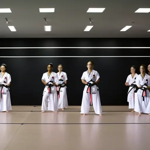 An image of a serene dojo setting with a group of expectant mothers gracefully practicing Taekwondo, their baby bumps accentuating elegant kicks and punches, embodying strength, balance, and maternal empowerment
