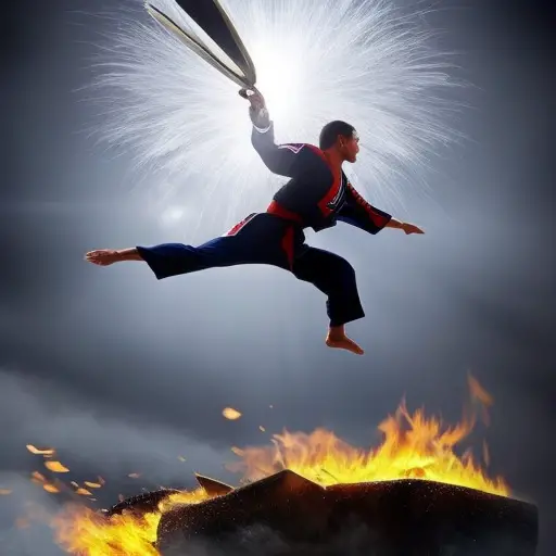 An image capturing the essence of perseverance in Taekwondo: a determined practitioner in mid-air, executing a flawless kick, surrounded by a vibrant burst of energy and grit, symbolizing the triumph of the human spirit