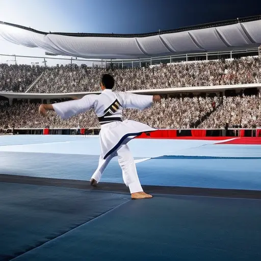 An image capturing the electrifying essence of a Taekwondo demonstration: a poised athlete, clad in a vibrant dobok, suspended mid-air, their outstretched leg frozen in a perfect roundhouse kick, amidst a sea of awe-struck spectators