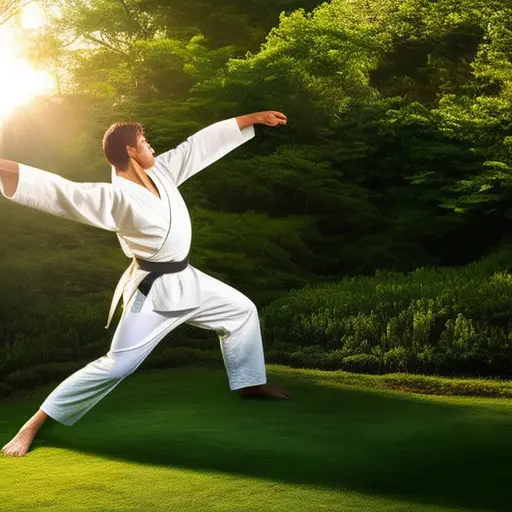 An image that depicts a serene martial artist, clad in a white dobok, gracefully executing a Taekwondo kick amidst a tranquil setting, surrounded by lush greenery, while bathed in soft, golden sunlight
