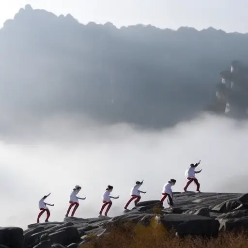 An image capturing an awe-inspiring training session in Korea: a group of dedicated taekwondo practitioners clad in crisp white uniforms, executing precise high kicks against a backdrop of ancient temples and mist-covered mountains