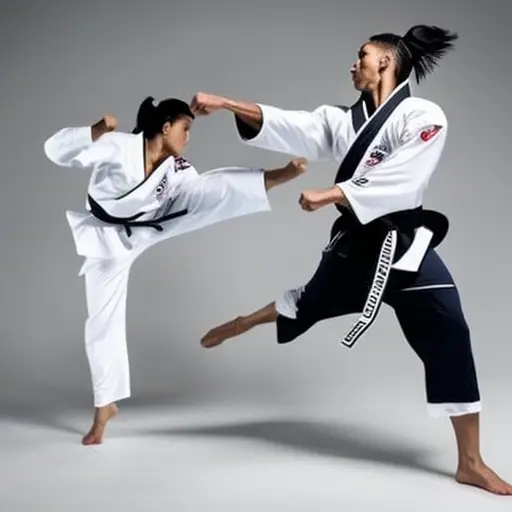 An image showcasing a focused Taekwondo practitioner in a poised stance, effortlessly executing a precise roundhouse kick, as their controlled breath forms a visible ripple of energy in the air