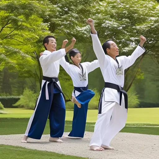 An image of a family, radiating happiness, as they gracefully execute synchronized taekwondo kicks in a serene park setting, their faces gleaming with delight and camaraderie