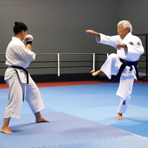 An image showcasing an older adult gracefully executing a high kick, radiating strength and determination