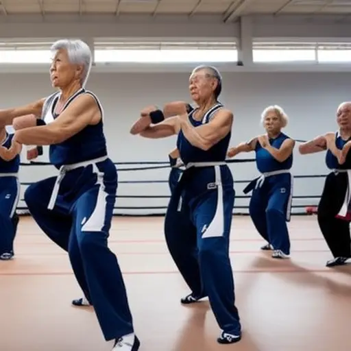 An image capturing the empowering essence of Taekwondo programs for seniors: a group of silver-haired warriors gracefully engaged in precise kicks and punches, radiating strength and determination, their faces glowing with newfound confidence