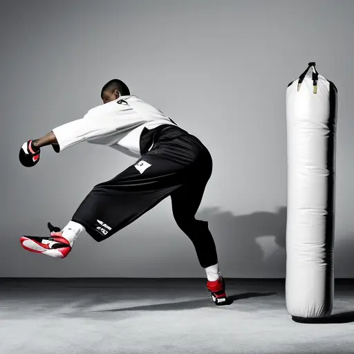An image showcasing a Taekwondo practitioner's calloused feet, clad in worn-out training shoes, as they repeatedly kick a heavy bag, capturing the essence of conditioning in Taekwondo training through the visual impact of dedication and resilience