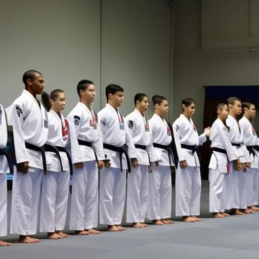 An image showcasing a Taekwondo master, clad in a crisp white uniform, bowing deeply with hands clasped, as a row of students stand in disciplined formation, mirroring the gesture with utmost respect