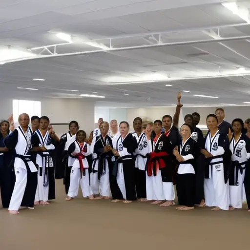 An image showcasing a diverse group of individuals of all ages passionately engaged in a Taekwondo session, displaying disciplined movements, mutual respect, and unwavering unity, symbolizing the powerful role of Taekwondo in fostering a strong sense of community
