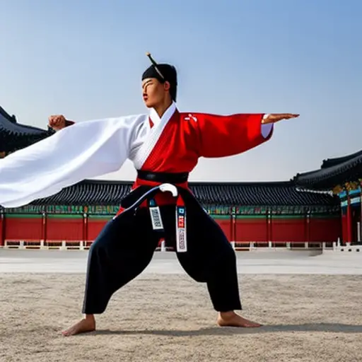 An image of a grand Taekwondo master, dressed in a traditional dobok, executing a dynamic flying kick against the backdrop of Gyeongbokgung Palace, symbolizing the harmonious fusion of martial art, heritage, and national pride in South Korean culture