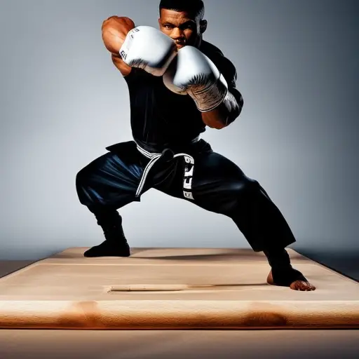 An image of a martial artist's gloved hand, with a clenched fist, poised to strike a wooden board