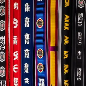 An image showcasing a row of colorful Taekwondo belts, neatly aligned against a black background