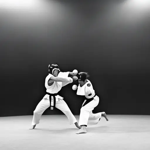 An image showcasing the fluidity of a taekwondo fighter's movements - a sparring match frozen in time
