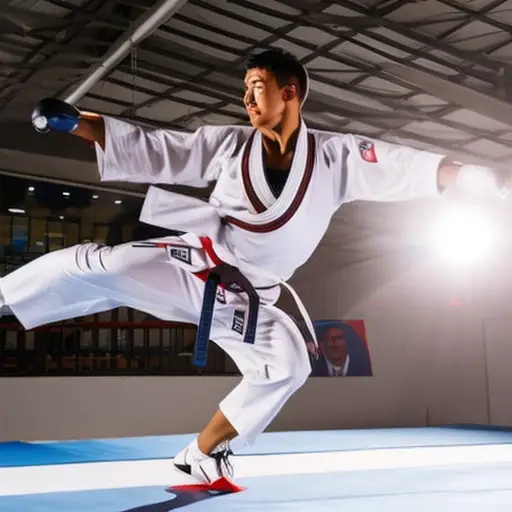 An image of a dedicated taekwondo athlete, dressed in a crisp white uniform, executing a perfectly balanced flying sidekick with intense focus, inside a brightly lit training dojo filled with mirrors and traditional Korean flags
